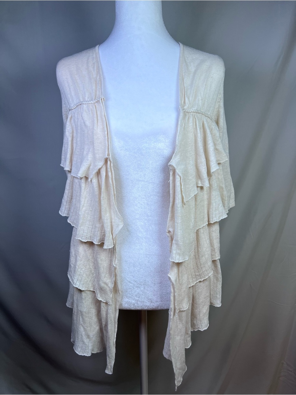 Anthropologie Moth Tiered Ruffle Swing Open Cardigan in Cream/Oatmeal - Small